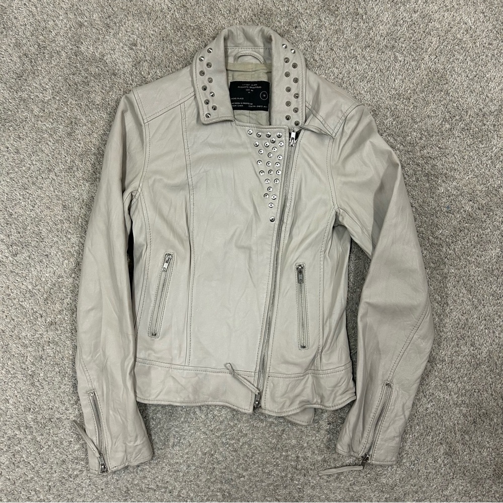 All Saints Studded Gray Leather Jacket Moto Full‎ Zip Women’s Size 10